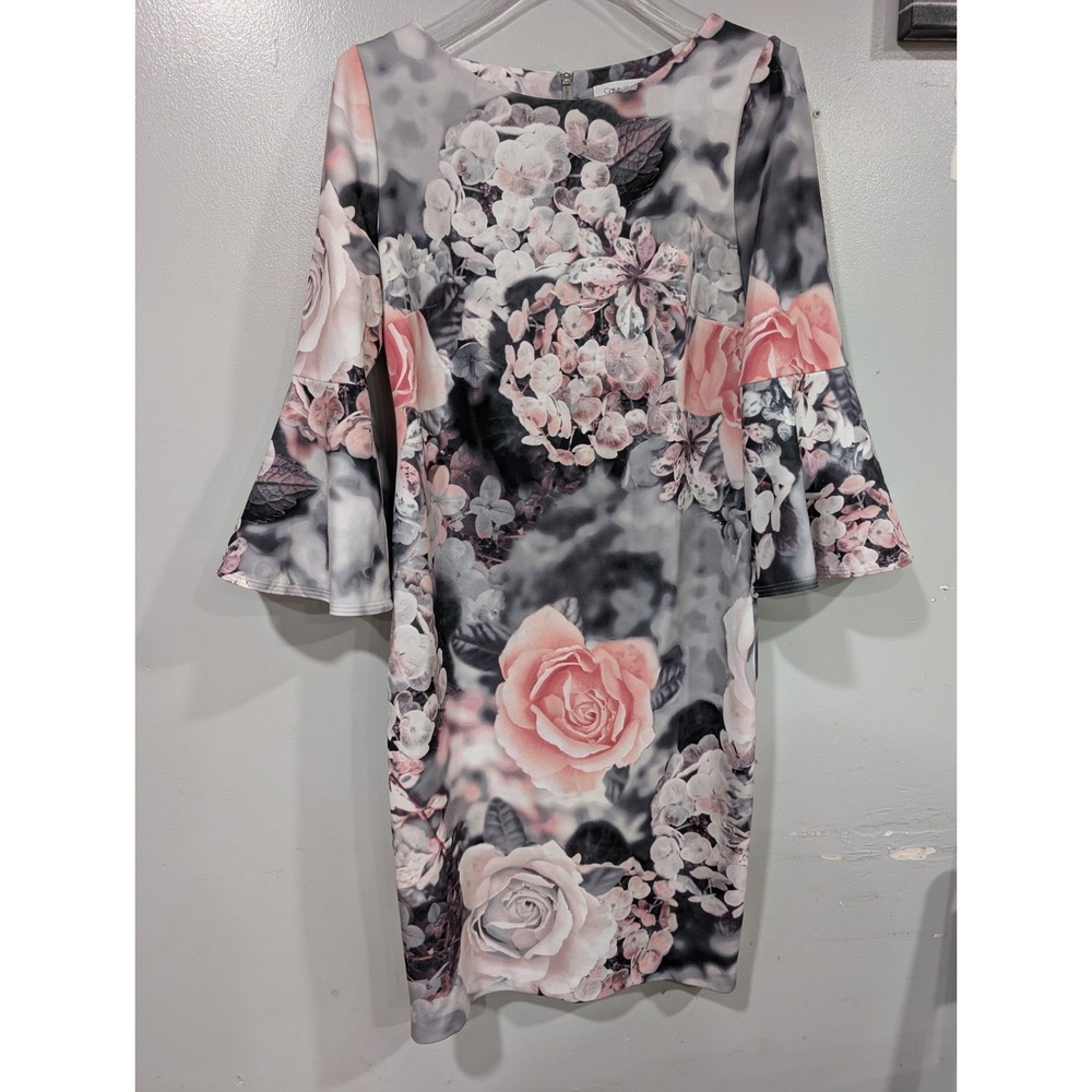 Calvin Klein floral print bell sleeve sheath dress black grey pink colorway  10
